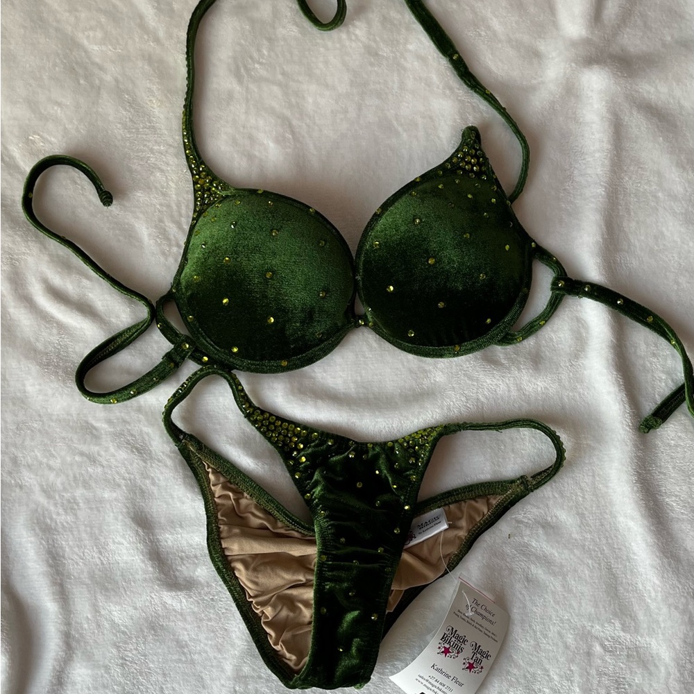 Green velour WBFF competition swim wear